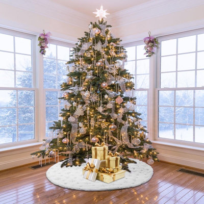110CM Snowflake Plush Tree Skirt Silver/White - 5