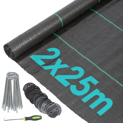 110gsm Weed Control Membrane with Pegs & Plates 2m x 25m Coverage (1 Roll)