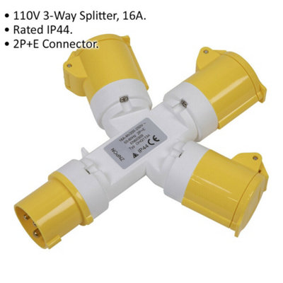110V 3-way 16A Splitter - IP44 Rated Connector - 3 x 2P+E 16A Sockets