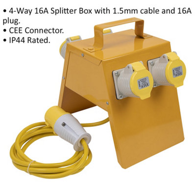 110V 4-Way 16A Distribution Splitter Box - IP44 Rated - CEE Connector - 16A Plug