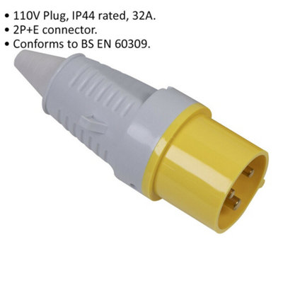 110V Yellow 2P+E Plug - Industrial 32A 2P+E Site Plug Connector - IP44 Rated