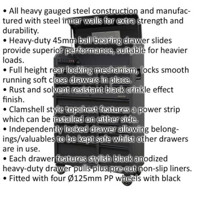 1120 x 460 x 1650mm 17 Drawer Combination Tool Chest -BLACK- UK Mains Power Bar