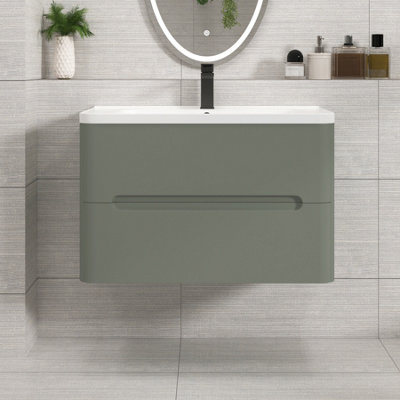 B&Q -  Venice 800mm Sage Green Wall Hung Vanity Unit 2 Drawer With Ceramic Basin