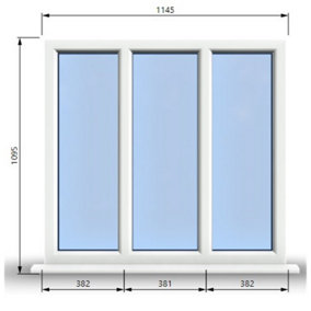 1145mm (W) x 1095mm (H) PVCu StormProof Casement Window - 3 Panes Non Opening Window -  White Internal & External