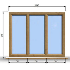 1145mm (W) x 945mm (H) Wooden Stormproof Window - 3 Pane Non-Opening Windows - Toughened Safety Glass