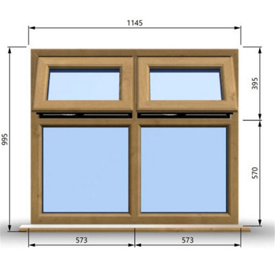 1145mm (W) x 995mm (H) Wooden Stormproof Window - 2 Top Opening Windows -Toughened Safety Glass