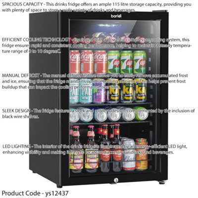 115L Under Counter Wine Drinks Fridge Cooler Glass Front LED Backlit BLACK