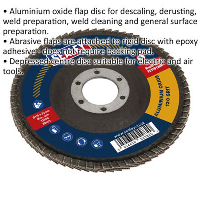 115mm Aluminium Oxide Flap Disc - 22mm Bore - Depressed Centre Disc - 120 Grit
