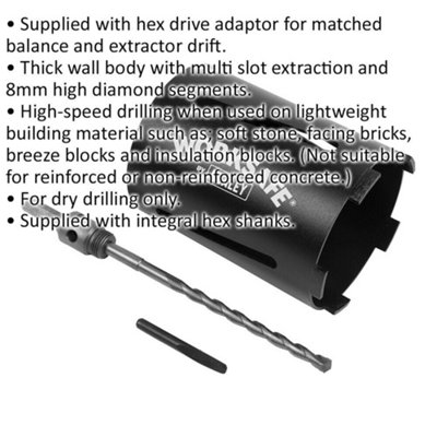 117mm x 150mm - Dry Diamond Core Drill Hole Saw - Hex Drive Adaptor - Drill Bit