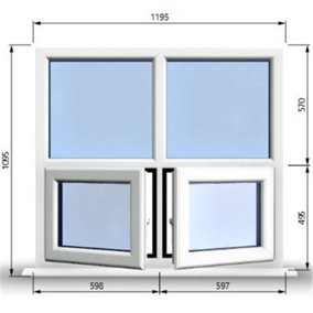 1195mm (W) x 1095mm (H) PVCu StormProof Casement Window - 2 Bottom Opening Windows - Toughened Safety Glass - White