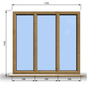 1195mm (W) x 1145mm (H) Wooden Stormproof Window - 3 Pane Non-Opening Windows - Toughened Safety Glass