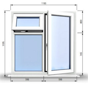 1195mm (W) x 1195mm (H) PVCu StormProof  - 1 Opening Window (RIGHT) - Top Opening Window (LEFT) - Toughened Safety Glass - White