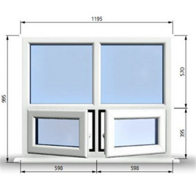 1195mm (W) x 995mm (H) PVCu StormProof Casement Window - 2 Bottom Opening Windows - Toughened Safety Glass - White
