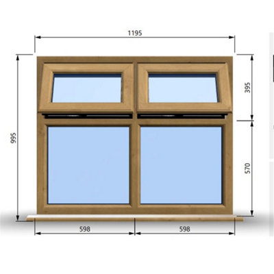 1195mm (W) x 995mm (H) Wooden Stormproof Window - 2 Top Opening Windows -Toughened Safety Glass