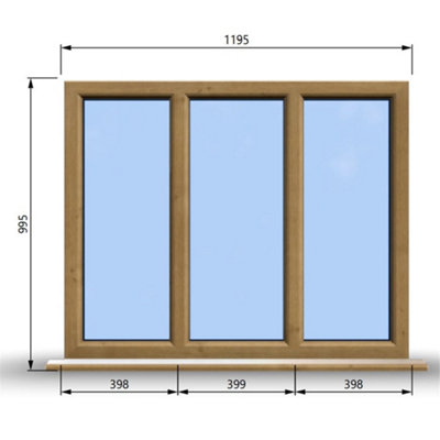 1195mm (W) x 995mm (H) Wooden Stormproof Window - 3 Pane Non-Opening Windows - Toughened Safety Glass