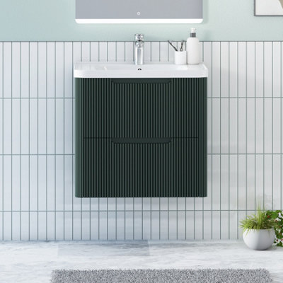 B&Q -  Avenza 600mm Fluted Wall Hung Vanity Unit Deep Moss Green 2 Drawer Storage Cabinet With Ceramic Basin