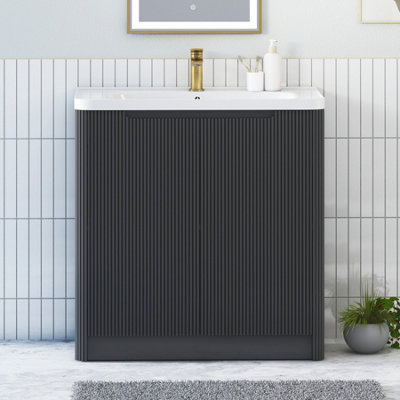 B&Q -  Avenza 800mm Fluted Floor Standing Vanity Unit Matt Obsidian Black 2 Door Storage Cabinet With Ceramic Basin