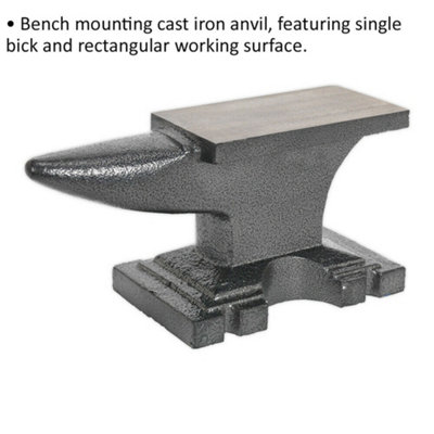 11kg Cast Iron Anvil - Single Bick - 170 x 90mm Working Surface - Bench Mounted