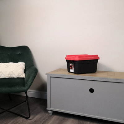 11L Black and Red Small Tuff Stackable Storage Box with Lid and Carry ...