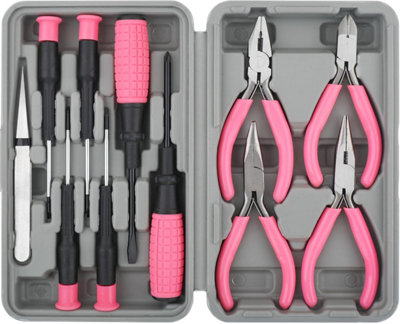 11pc Pink Compact Crafts & Home DIY Repair Hand Tool Kit Set With pliers, cutters, and precision screwdrivers