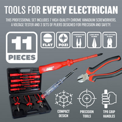 11-Piece Fully Insulated Electrician's Screwdriver Set With Case - Phillips & Flathead