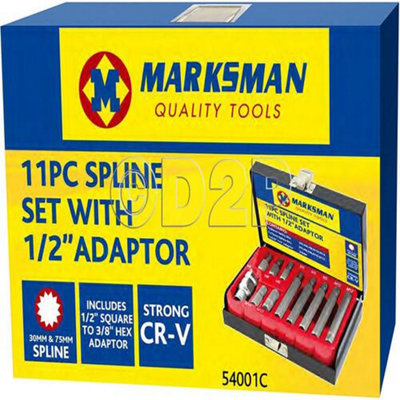 11Pc Spline Set 1/2" Square - 3/8" Adaptor 30 & 75Mm Bits M5 M6 M8 M10 M12 Cr-v