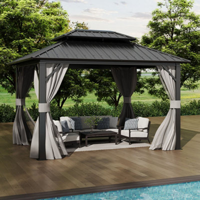 11x9 ft Metal Hardtop Patio Gazebo with Privacy Curtains and Mesh Screens