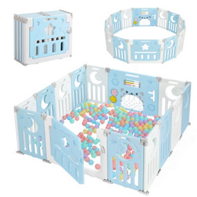 12+2 Panel Baby Foldable Playpen with Safety Gate 25 Sq.ft - Blue White