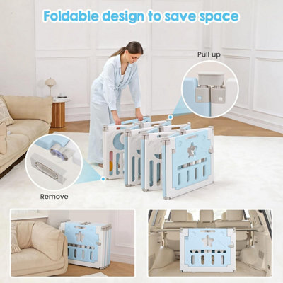 12+2 Panel Baby Foldable Playpen with Safety Gate 25 Sq.ft - Blue White - 4