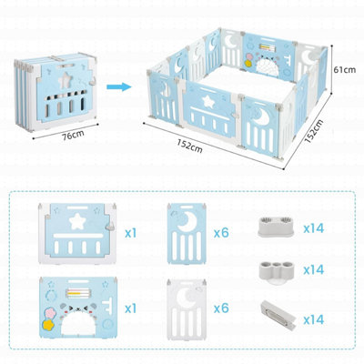 12+2 Panel Baby Foldable Playpen with Safety Gate 25 Sq.ft - Blue White - 8