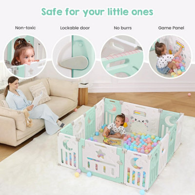 12+2 Panel Baby Foldable Playpen with Safety Gate 25 Sq.ft - Green White