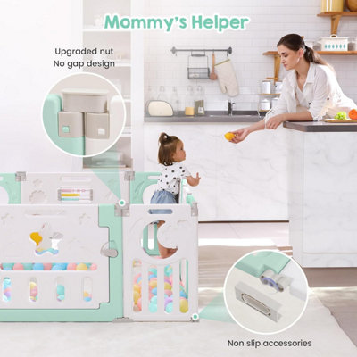 12+2 Panel Baby Foldable Playpen with Safety Gate 25 Sq.ft - Green White - 3