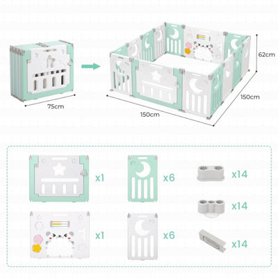 12+2 Panel Baby Foldable Playpen with Safety Gate 25 Sq.ft - Green White - 6