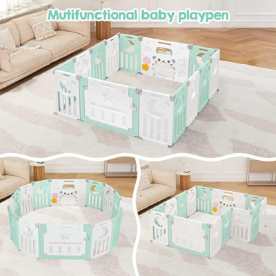 12+2 Panel Baby Foldable Playpen with Safety Gate 25 Sq.ft - Green White - 7