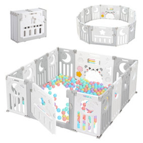 12+2 Panel Baby Foldable Playpen with Safety Gate 25 Sq.ft - Grey White