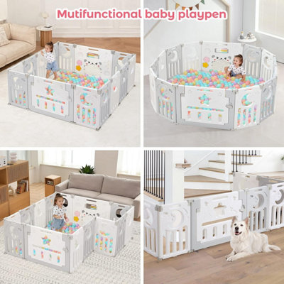 12+2 Panel Baby Foldable Playpen with Safety Gate 25 Sq.ft - Grey White - 7