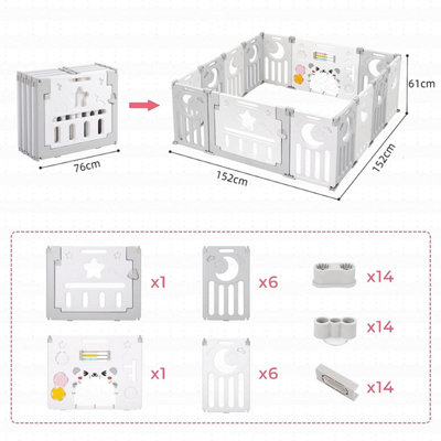 12+2 Panel Baby Foldable Playpen with Safety Gate 25 Sq.ft - Grey White - 8