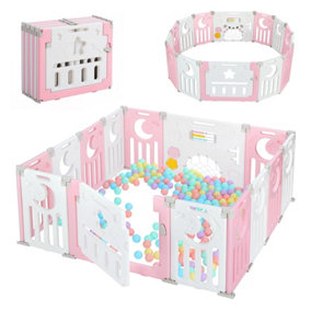 12+2 Panel Baby Foldable Playpen with Safety Gate 25 Sq.ft - Pink White