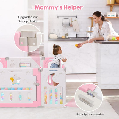 12+2 Panel Baby Foldable Playpen with Safety Gate 25 Sq.ft - Pink White - 3