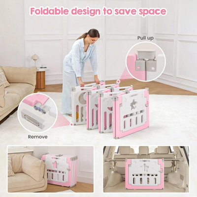 12+2 Panel Baby Foldable Playpen with Safety Gate 25 Sq.ft - Pink White - 4