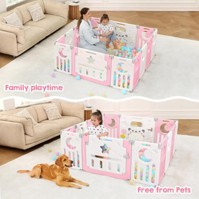 12+2 Panel Baby Foldable Playpen with Safety Gate 25 Sq.ft - Pink White - 5