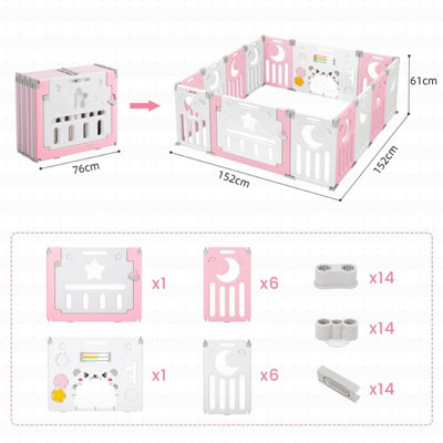 12+2 Panel Baby Foldable Playpen with Safety Gate 25 Sq.ft - Pink White - 6