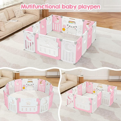 12+2 Panel Baby Foldable Playpen with Safety Gate 25 Sq.ft - Pink White - 7