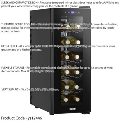 12 Bottle Freestanding Wine Cooler Fridge LED Backlit Metal Shelf BLACK & GLASS