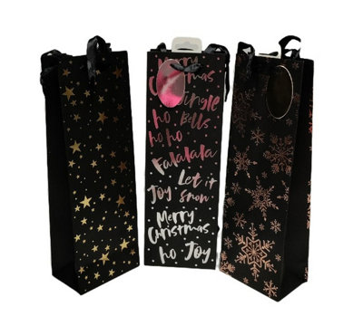 12 Christmas Bottle Gift Bags Foil Rose Gold Snowflake Gold Star Silver Script - 3