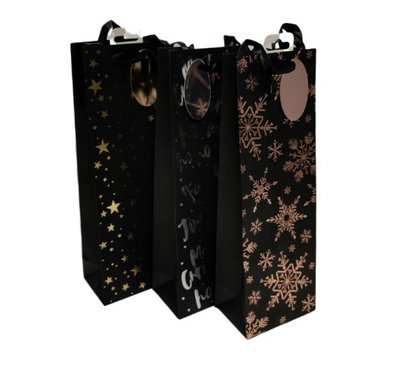 12 Christmas Bottle Gift Bags Foil Rose Gold Snowflake Gold Star Silver Script - 4