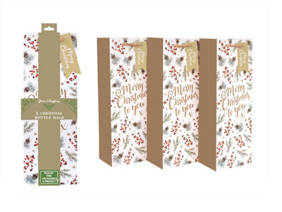 12 Eco Christmas Bottle Bags Red Berry Traditional Design Recyclable Wine Bags - 3