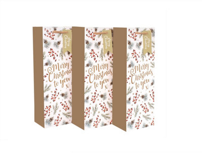 12 Eco Christmas Bottle Bags Red Berry Traditional Design Recyclable Wine Bags - 4