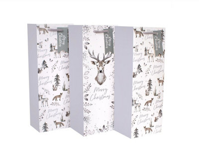 12 Eco Christmas Bottle Bags Woodland Animals Stag Design Recyclable Wine Bags