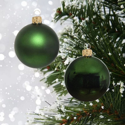 12 Green Glass Baubles Christmas Tree Decorations Dark Pine Green 5cm